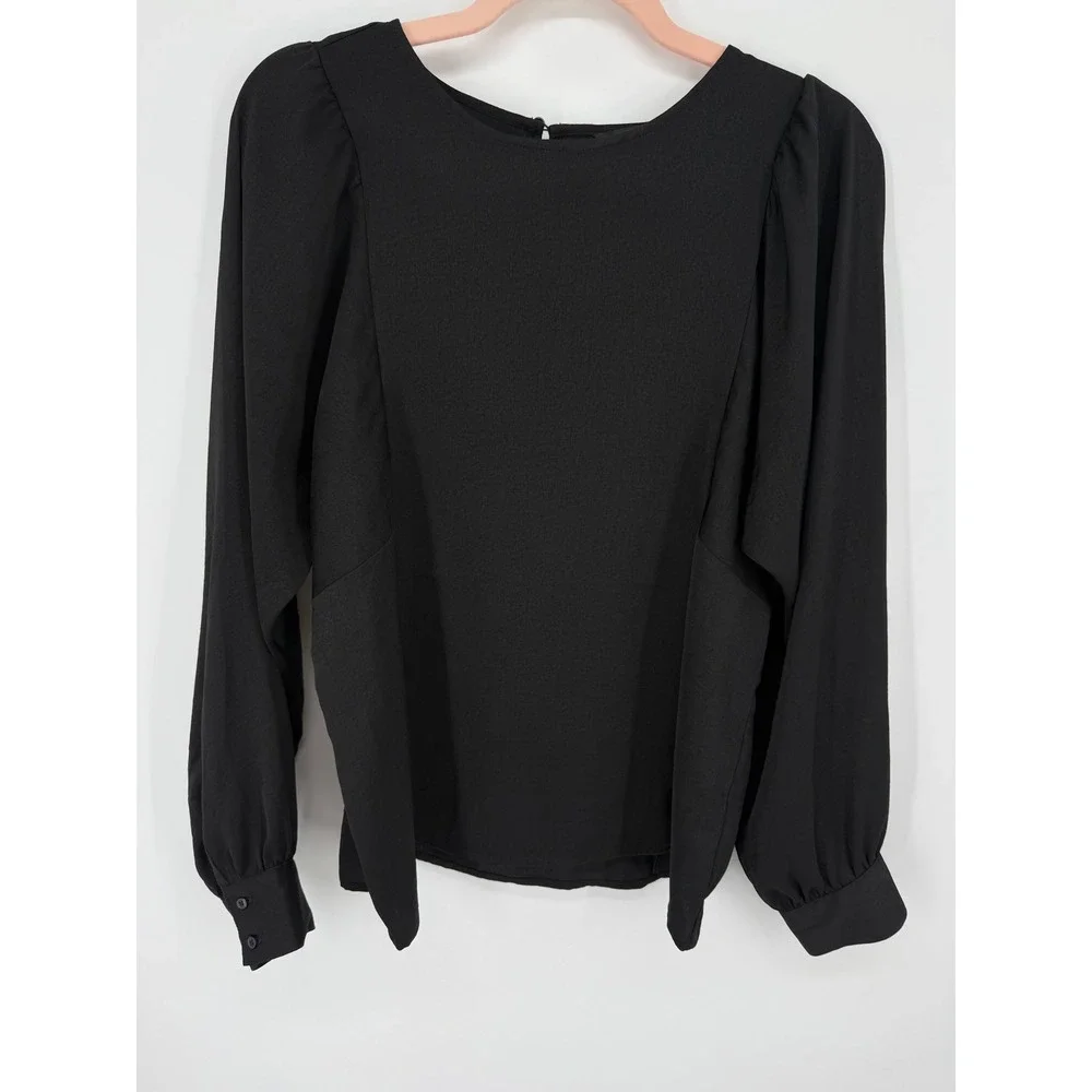 Banana Republic Blouse Women Small Black Puff Sleeve Button Cuff Keyhole Back